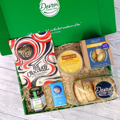 Family Devon Cream Tea Hamper with Hot Chocolate and Langage Farm clotted cream